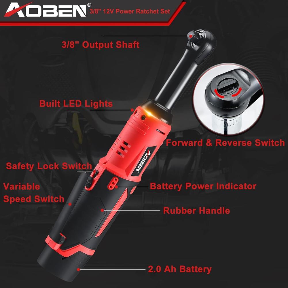AOBEN Extended Cordless Ratchet Wrench Kit, 4.7" Long Reach 3/8" ratchet,40 Ft-lbs Electric Power Ratchet Set with Variable