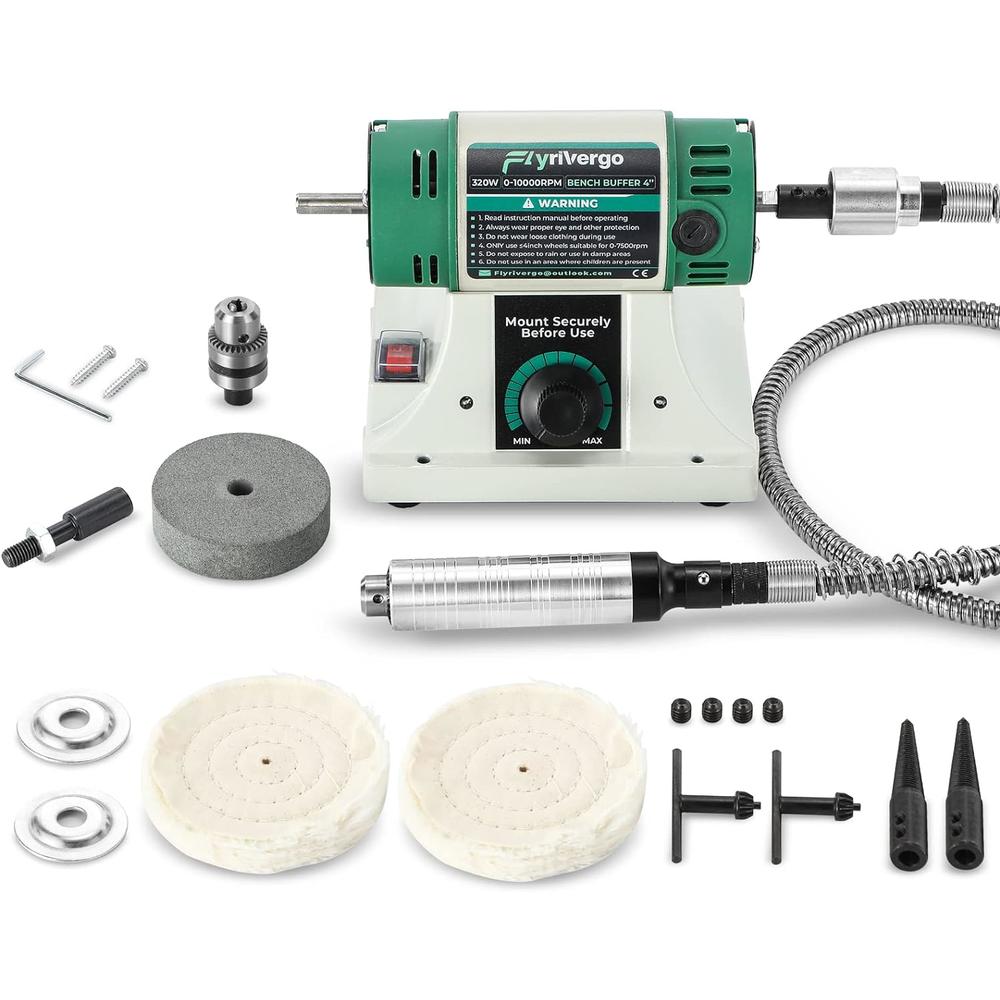 Flyrivergo Bench Buffer Polisher with Accessories Adjustable Variable Speed Multi-Function Bench Lathe Grinder Polishing Machine Tool Kit