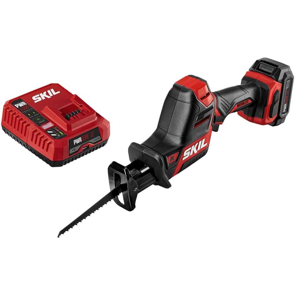 SKIL PWR CORE 12 Brushless 12V Compact Reciprocating Saw Kit, Includes 2.0Ah Lithium Battery and PWR JUMP Charger - RS582802