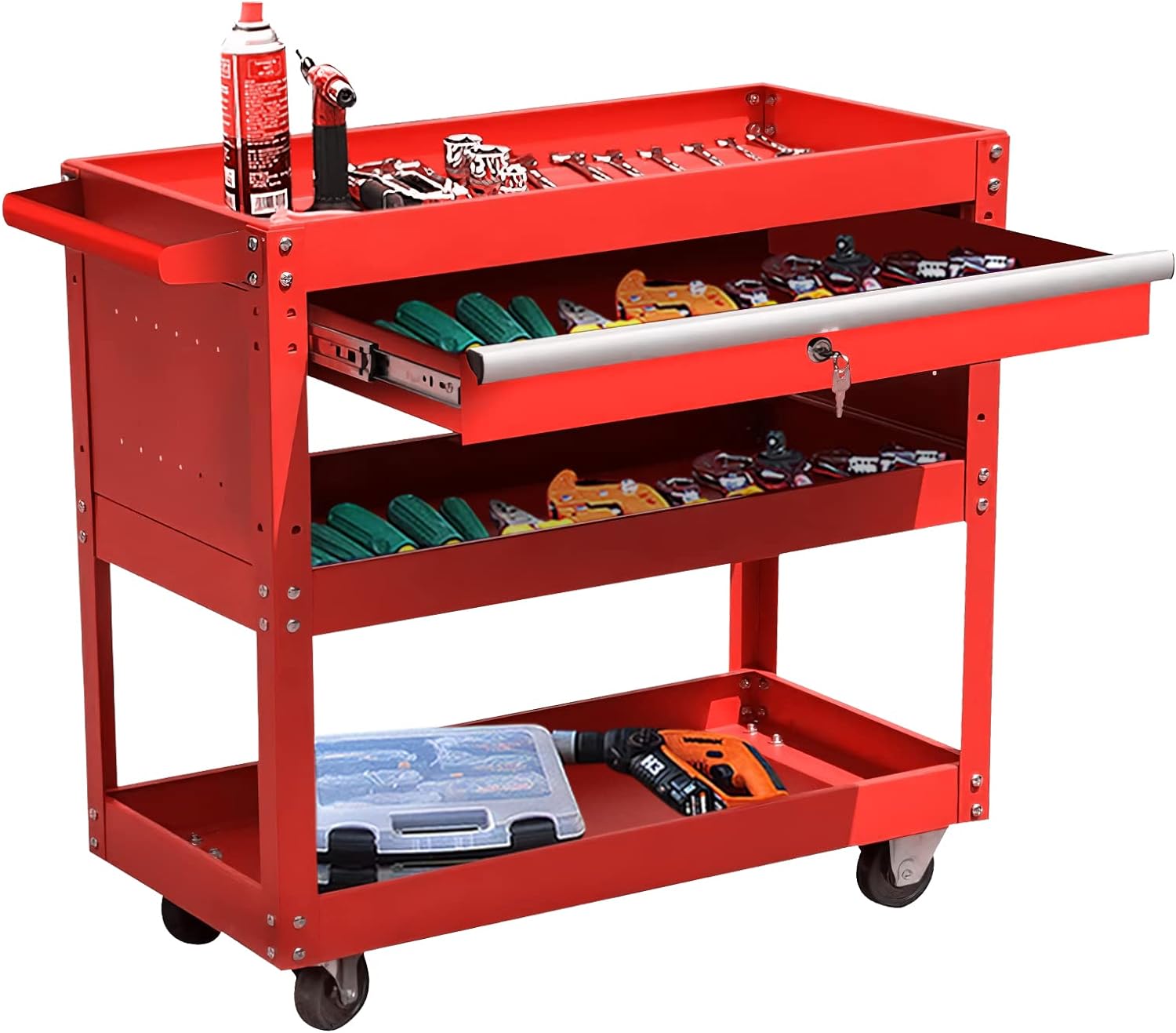 Wanmwill 3-Tray Rolling Tool Cart on Wheels, Tool Box with Wheels and Drawers, 300 LBS Utility Tool Storage Cart, Mechanic Tool Cart for