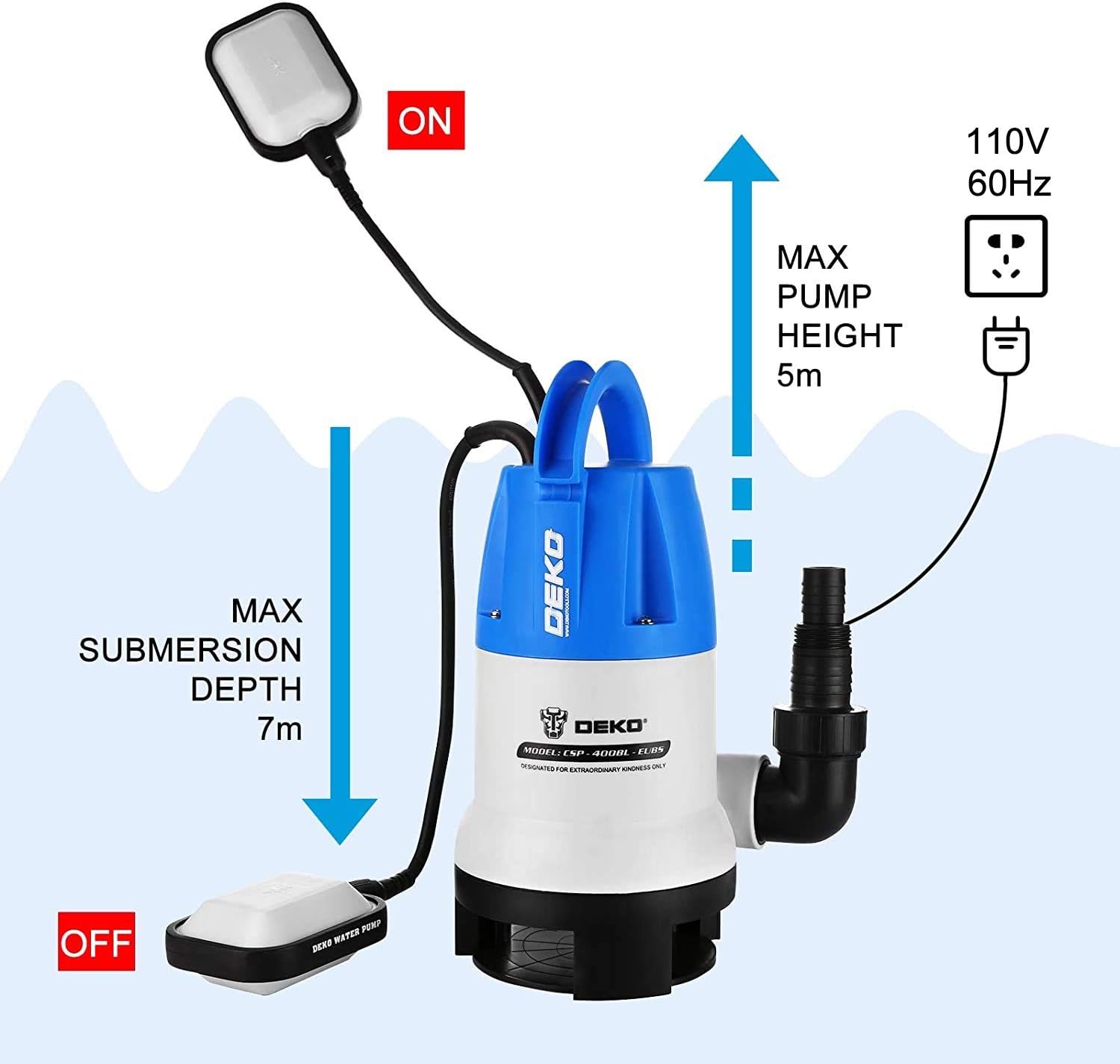 DEKOPRO DEKO 400W 1/2HP Sump Pump 2113GPH Portable Submersible Pump with Float Switch,Clean/Dirty Water Removal Drain Pump for Swimming