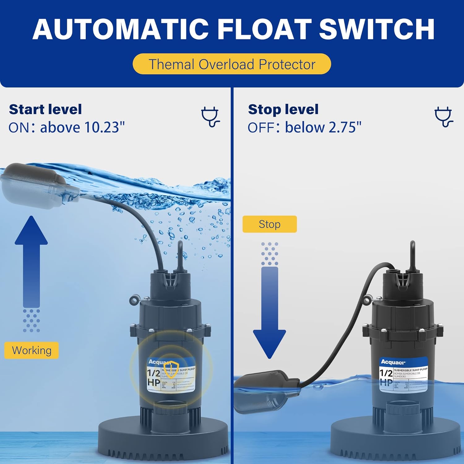 Acquaer 1/2HP Sump Pump, 4060GPH Submersible Clean/Dirty Water Pump with Adjustable Float Switch for Garden Pool, Basement, Flooded Hou