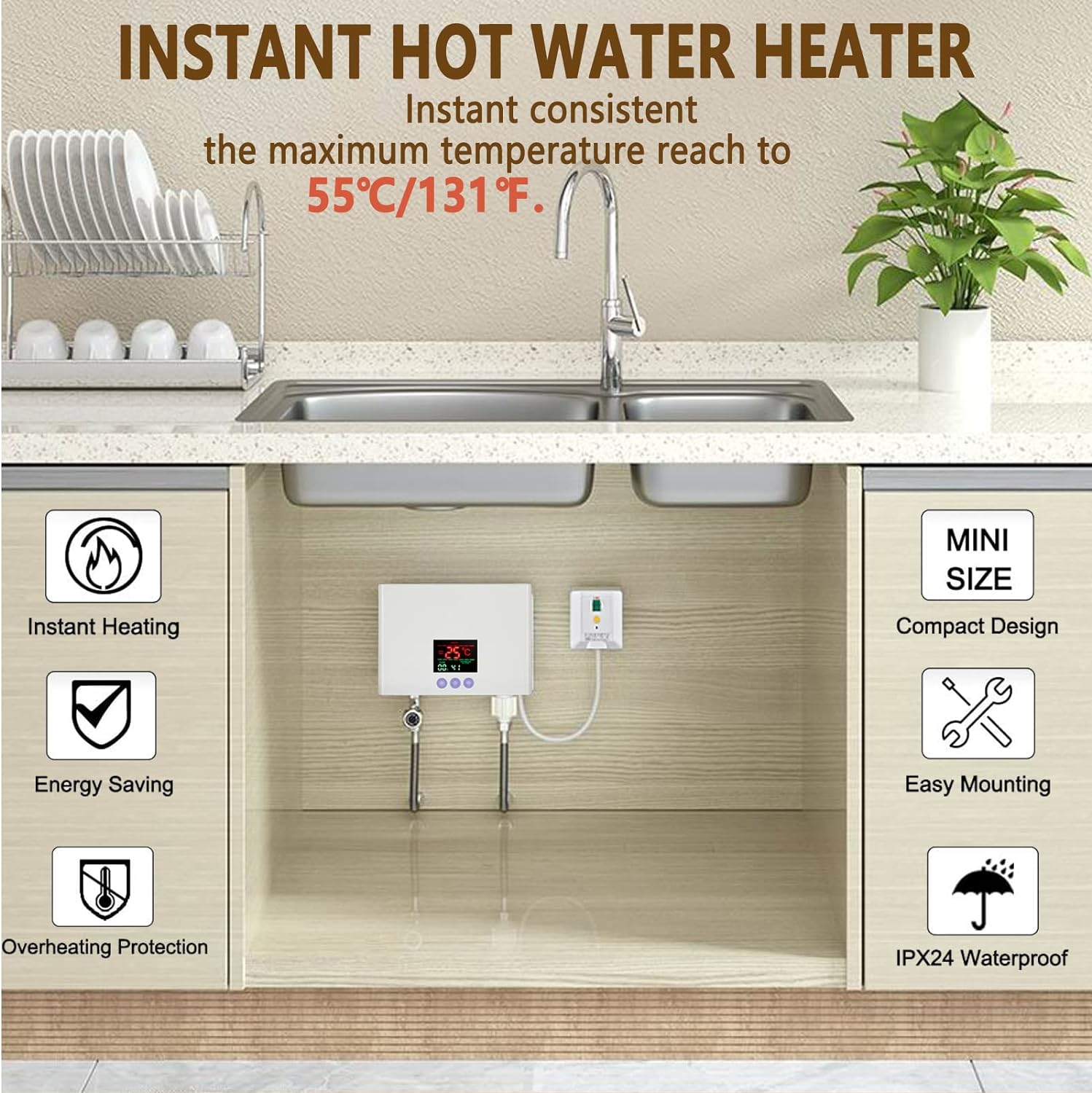 DAORDAER Mini Electric Tankless Water Heater 3000W 110V Constant Temperature Instant Hot Water Heater with Remote Control Digital Displa