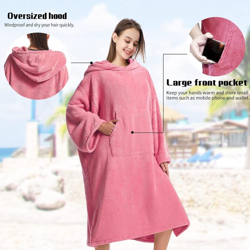 MUTAO Surf Poncho Changing Robe, Super Soft Swimming Poncho Changing Towel with Pocket and Hood for Outdoor Indoor (Pink)