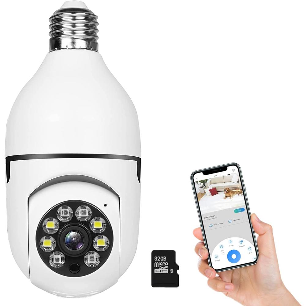 Hotfenlee 360 Camera, Light Bulb Camera Full HD 1080P, 2.4GHz WiFi Camera with 32G SD Card, Night Vision Motion Detection Wireless Camera