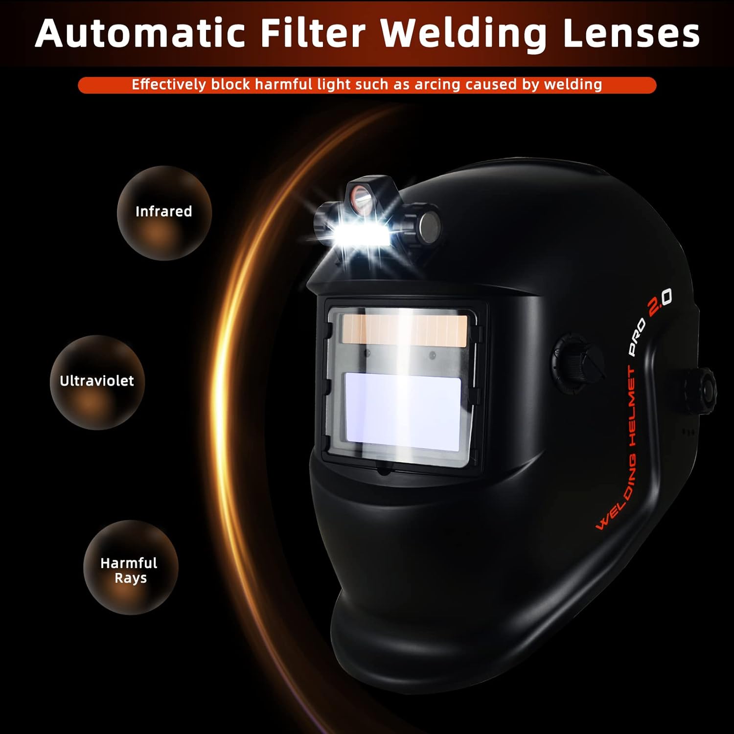 Generic Welding Helmet Auto Darkening with LED Light - TRQWH True Color Solar Powered Welding Hood with 2 Arc Sensor Adjustable Wide Sh