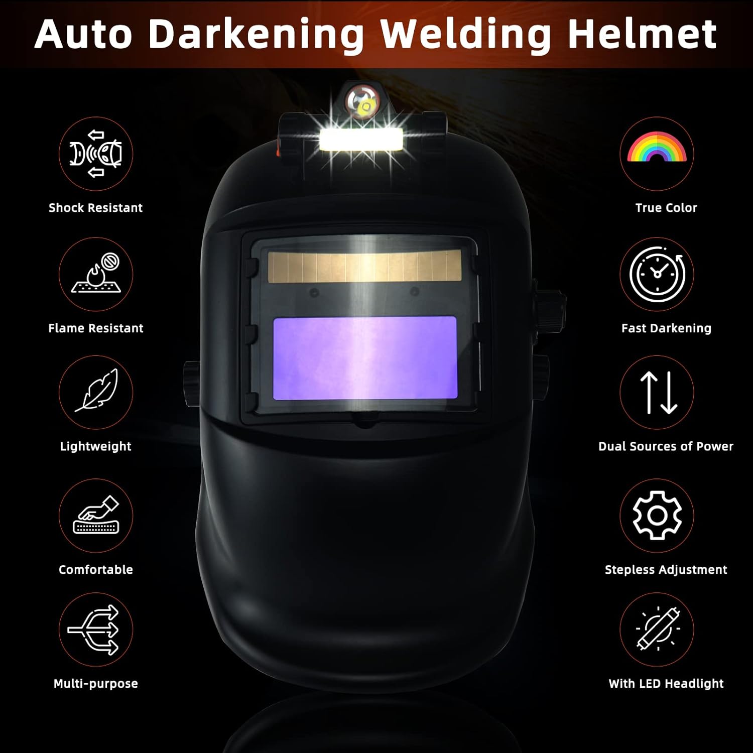 Generic Welding Helmet Auto Darkening with LED Light - TRQWH True Color Solar Powered Welding Hood with 2 Arc Sensor Adjustable Wide Sh