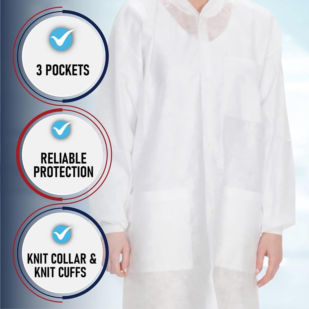MEDICAL NATION 10 Disposable Lab Coats - White Lab Coat with Pockets, Knee Length, Lab Coat Women and Men | Perfect For Use in