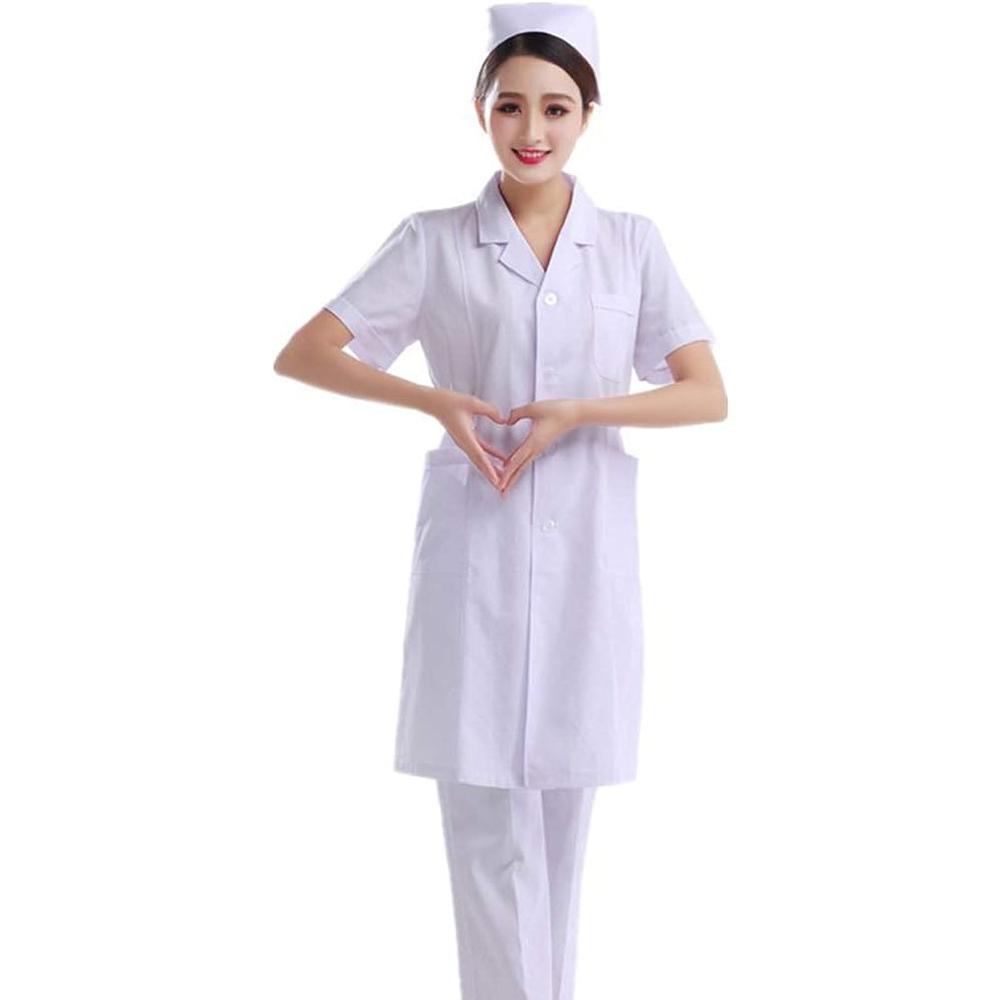 Generic KESYOO White Short Sleeve Uniform Beautician Nursing Coat Cotton Hospital Apparel Clothes V Neck Coat - Size S