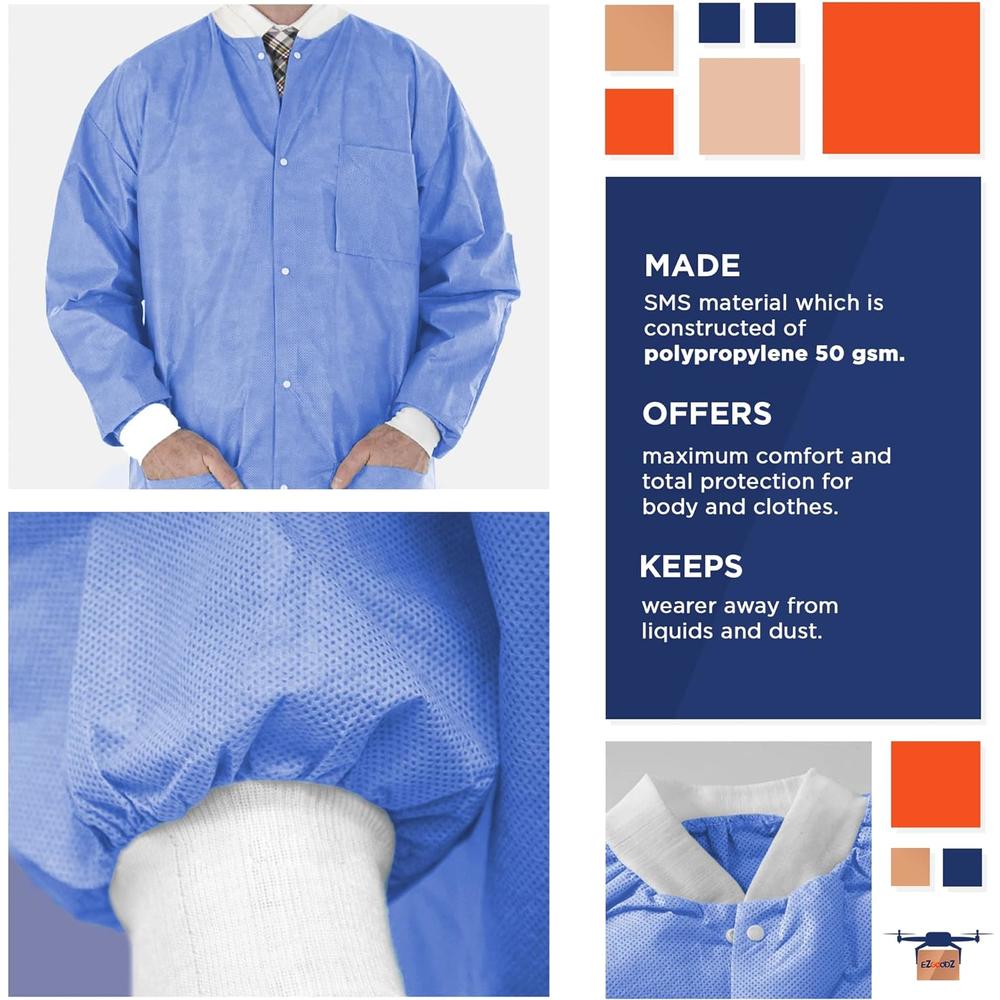 Amazing Supply EZGOODZ Disposable Lab Jackets, 30". Pack of 10 Medical Blue Hip-Length Work Gowns Large. SMS 50 gsm Shirts with Snaps Fro