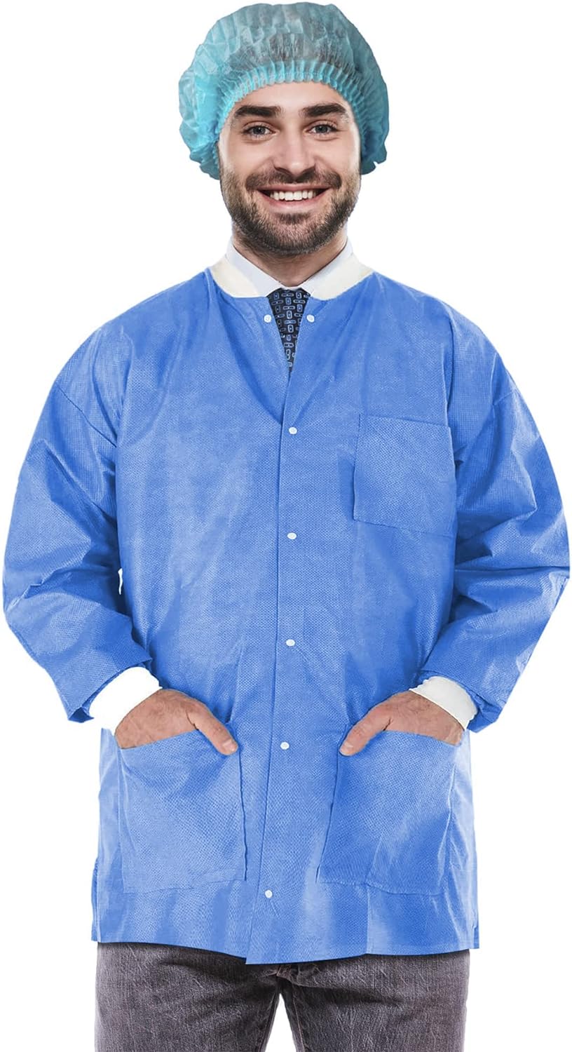Amazing Supply EZGOODZ Disposable Lab Jackets, 30". Pack of 10 Medical Blue Hip-Length Work Gowns Large. SMS 50 gsm Shirts with Snaps Fro
