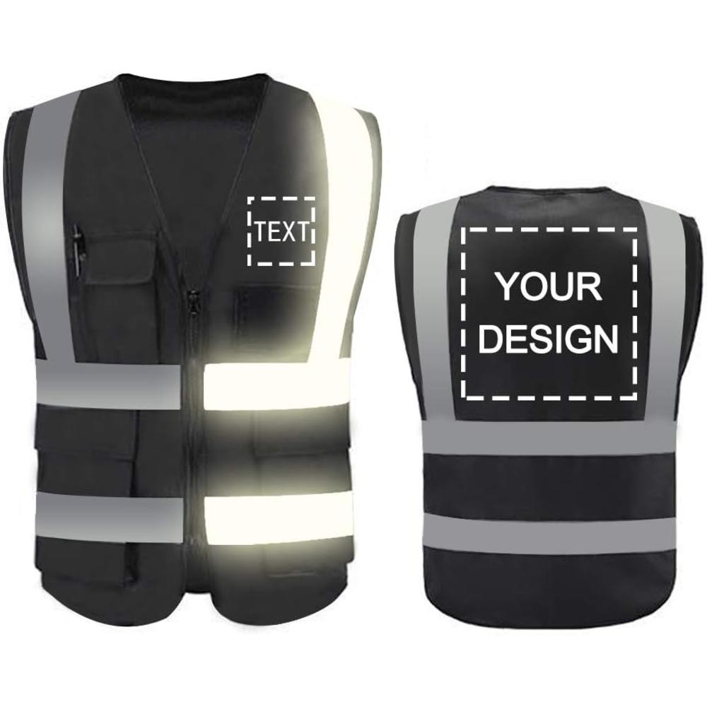 yoweshop High Visibility Safety Vest Custom Your Logo Protective Workwear 5 Pockets With Reflective Strips Outdoor Work Vest (Black (M))