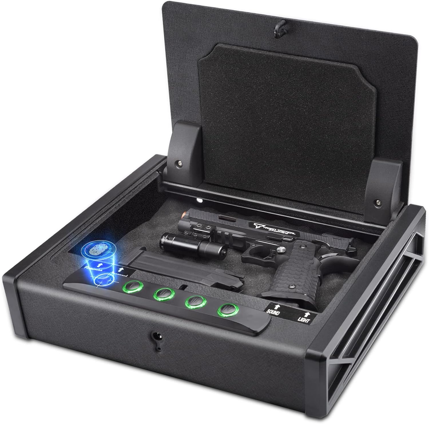 SOULYI Biometric Fingerprint Gun Safe for 3 Pistols Safe DOJ Certified with 3 Quick Access Handgun Safe,Digital Keypad Frosted Black B