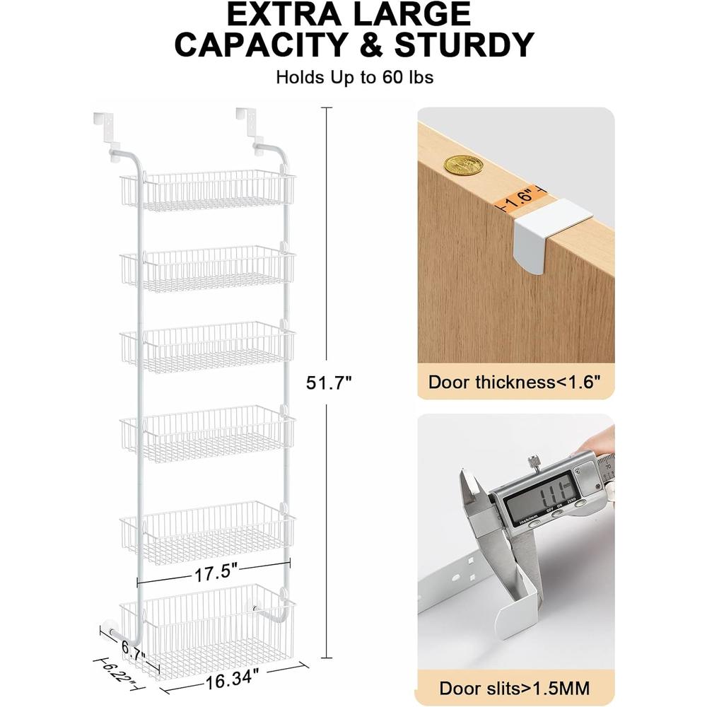 Delamu Over the Door Pantry Organizer, W17.5inch 6-Tier Metal Pantry Door Organizer-Spice Rack, Capacious Mesh Basket for Easy Install