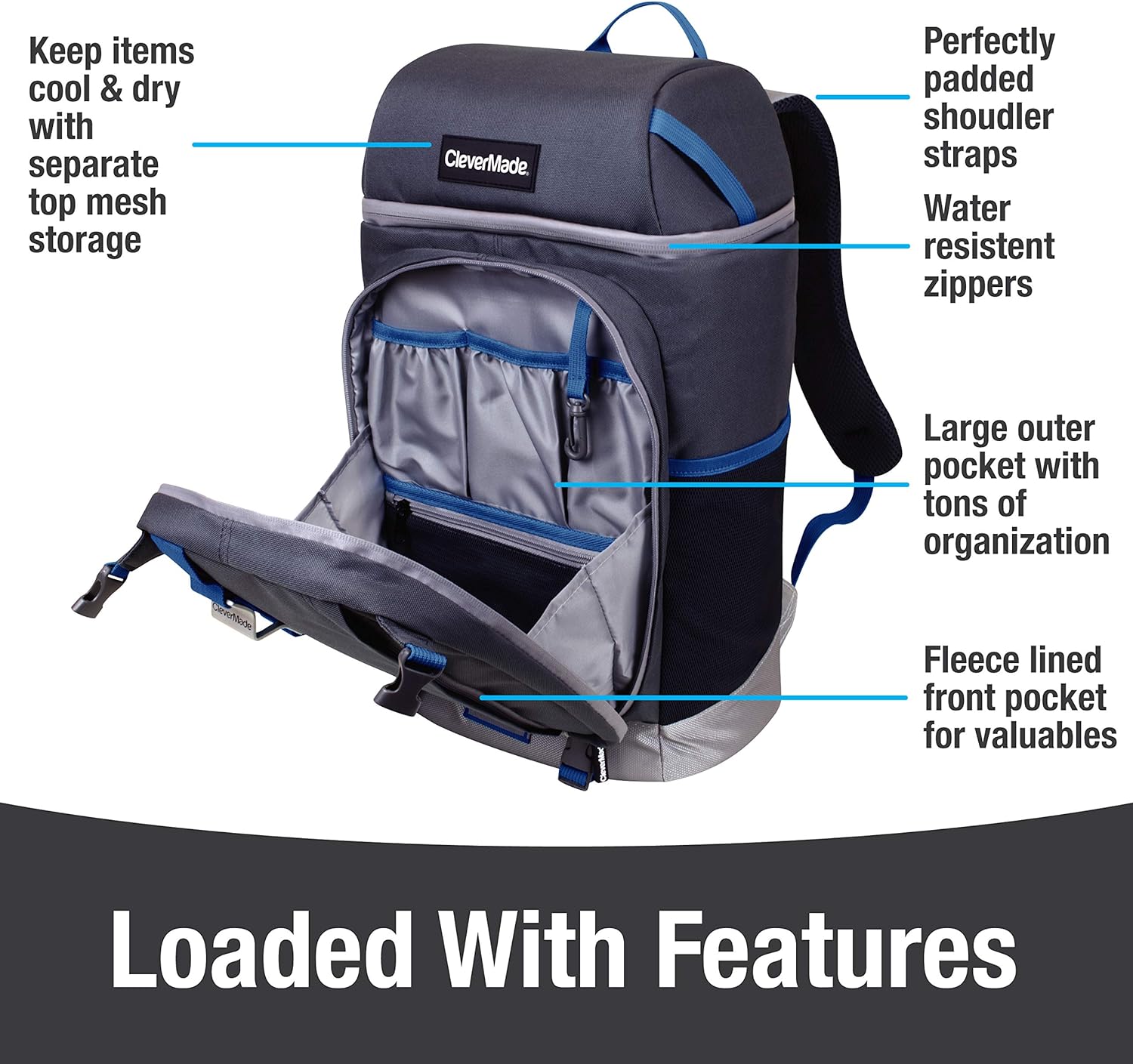 CleverMade Cardiff Backpack Cooler Bag - Insulated 24 Can Soft Leakproof Cooler with Bottle Opener, Dry Storage Compartments and Mesh Side