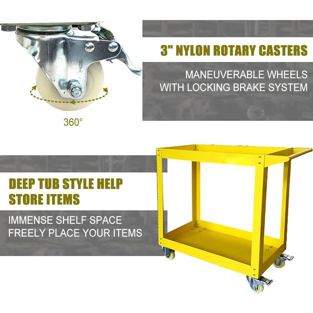 HPDMC 30in Large Steel Service Cart - Yellow - Utility Carts with Wheels - 2 Shelf - Metal - 300 lbs Capacity - Shop Rolling Tool Car