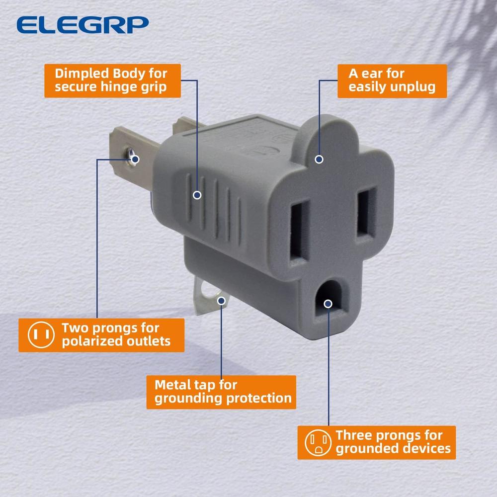 elegrp 2 to 3 Prong Grounding Adapter Outlet, 2-Prong to 3-Prong Adapter Converters for Wall Outlets Plugs, Portable Polarized Outlet