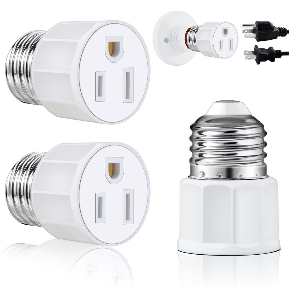 Generic E26/E27 Light Socket to Plug Adapter, 2 Packs 3 Prong Light Bulb Outlet Adapter with 1 Outlet, Provide 2/3 Prong Outlet for Gar