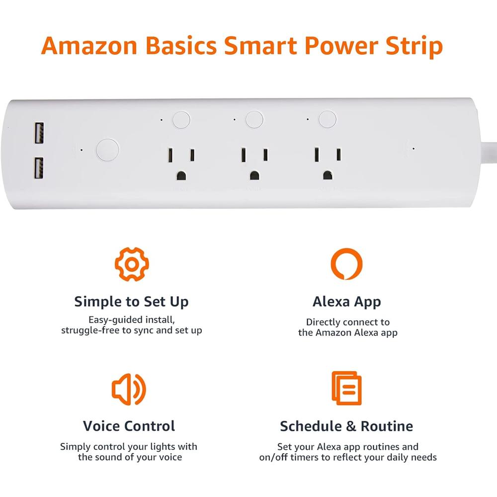 Amazon Basics Smart Plug Power Strip, Surge Protector with 3 Individually Controlled Outlets and 2 USB Ports, 2.4 GHz Wi-Fi, Works wit