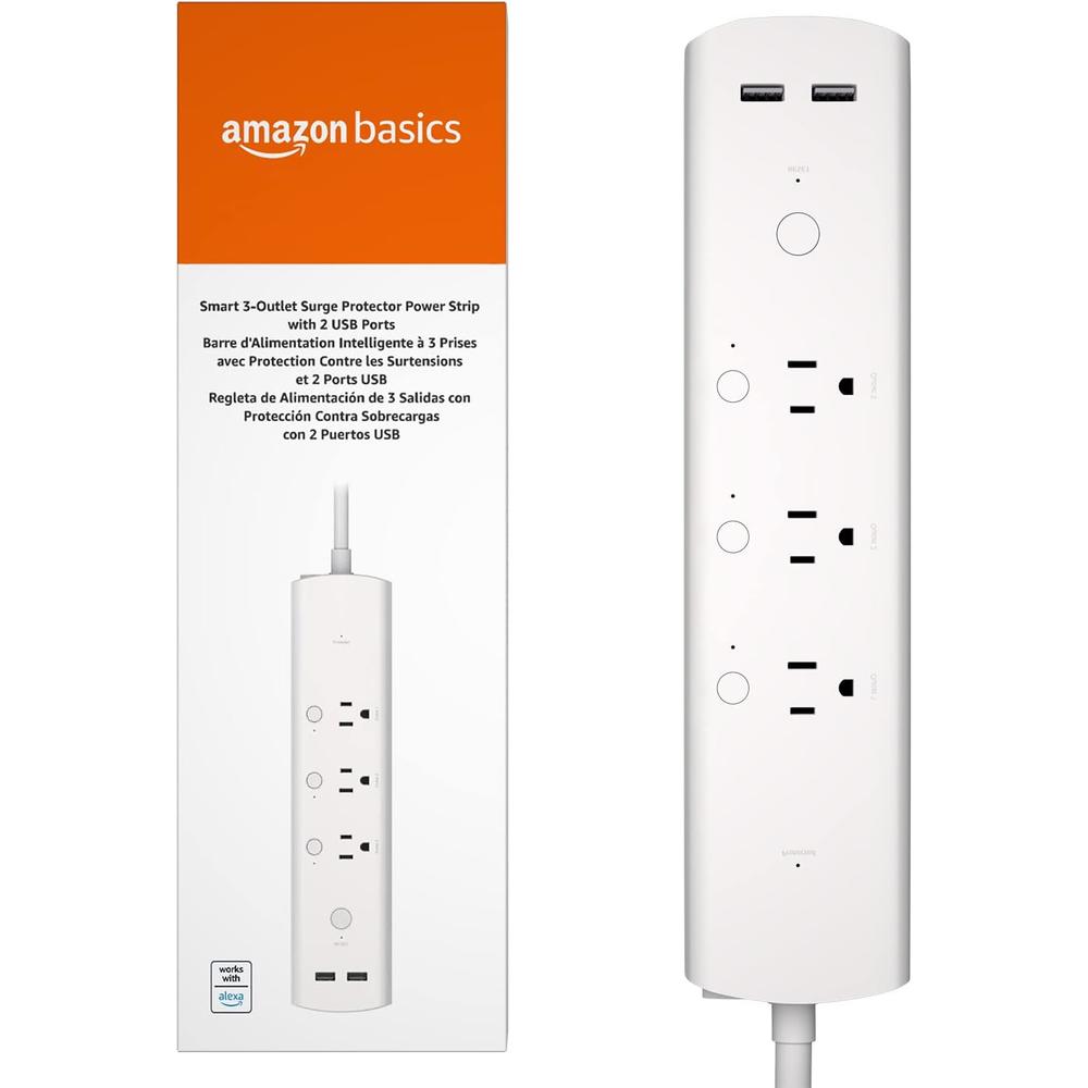 Amazon Basics Smart Plug Power Strip, Surge Protector with 3 Individually Controlled Outlets and 2 USB Ports, 2.4 GHz Wi-Fi, Works wit