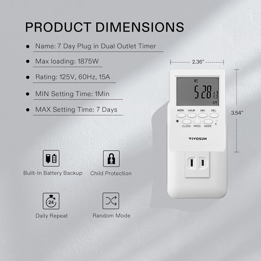 VIVOSUN 7 Day Programmable Digital Timer with Dual Outlet, 20 On/Off UL Listed Heavy Duty Plug-in Outlet Timer with Countdown Setting,