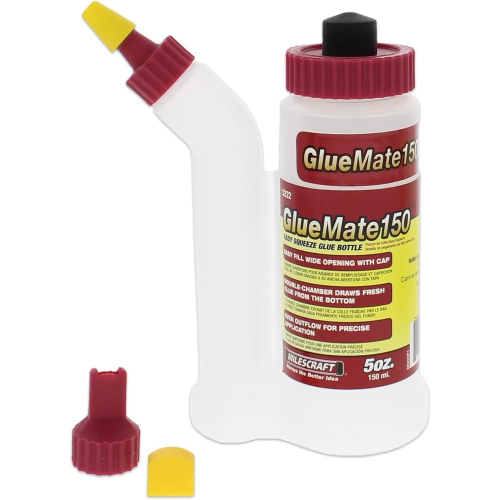 Milescraft 5222 Glue Mate 150-5oz. (150ml) Precision Wood Glue Bottle - Anti-Drip - Dowel and Biscuit Tips Included - Easy Flow Multi-Cham