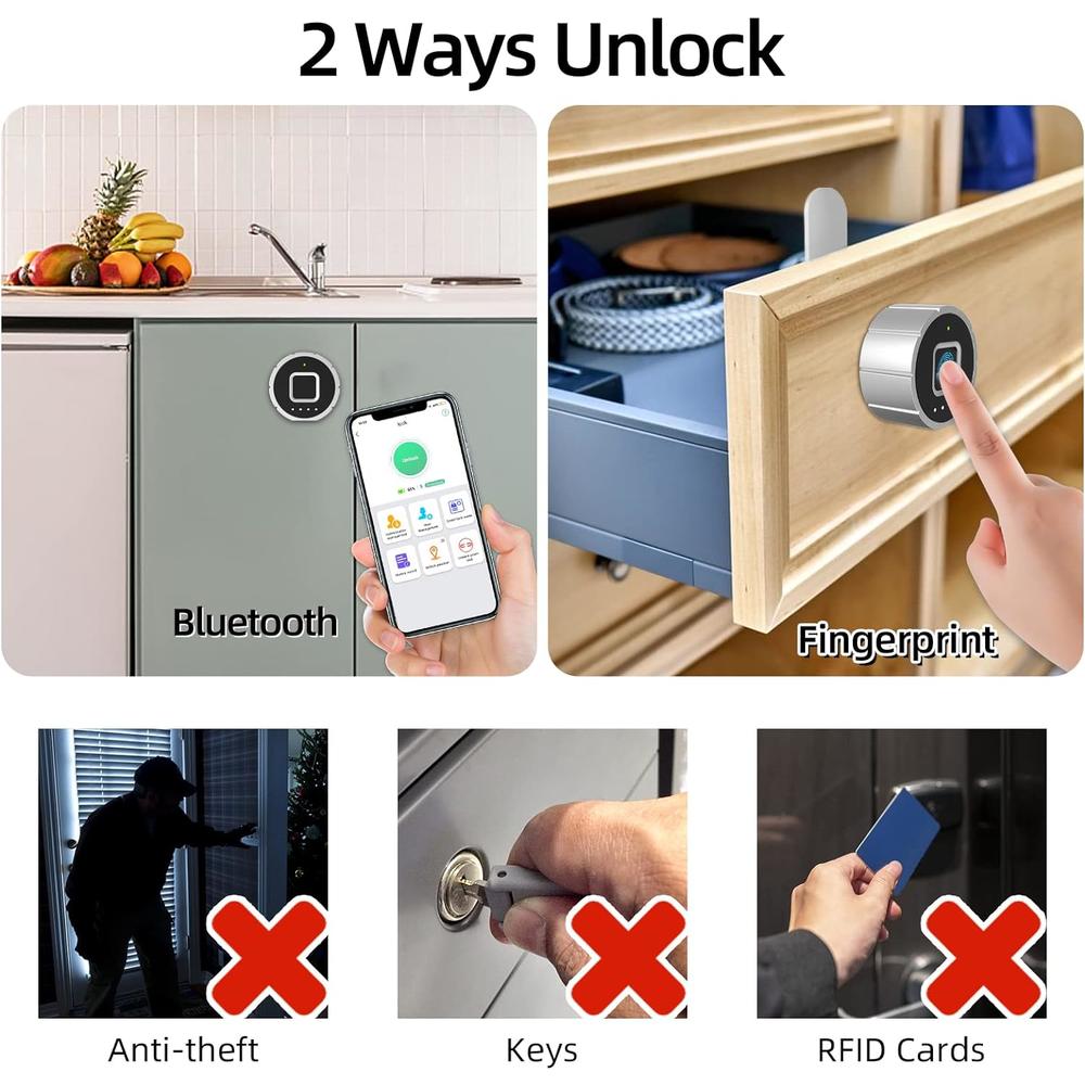 Pothunder Fingerprint Drawer Lock,  Smart Biometric Cabinet Lock, Bluetooth