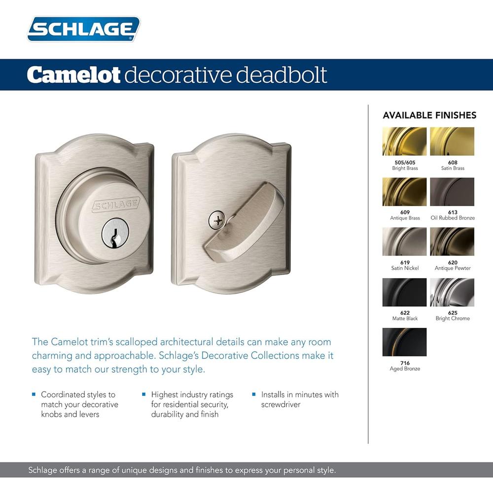 Schlage B60 N CAM 619 Deadbolt with Camelot Trim, Keyed 1 Side, Highest
