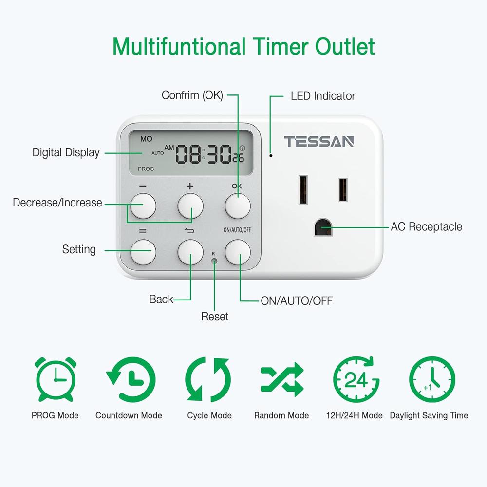 TESSAN Digital Timer Outlet,  Light Timer Plug Support 24 Hour and 7 Day Programmable, Cycle, Countdown, 3 Prong Grounded Indoor Outle