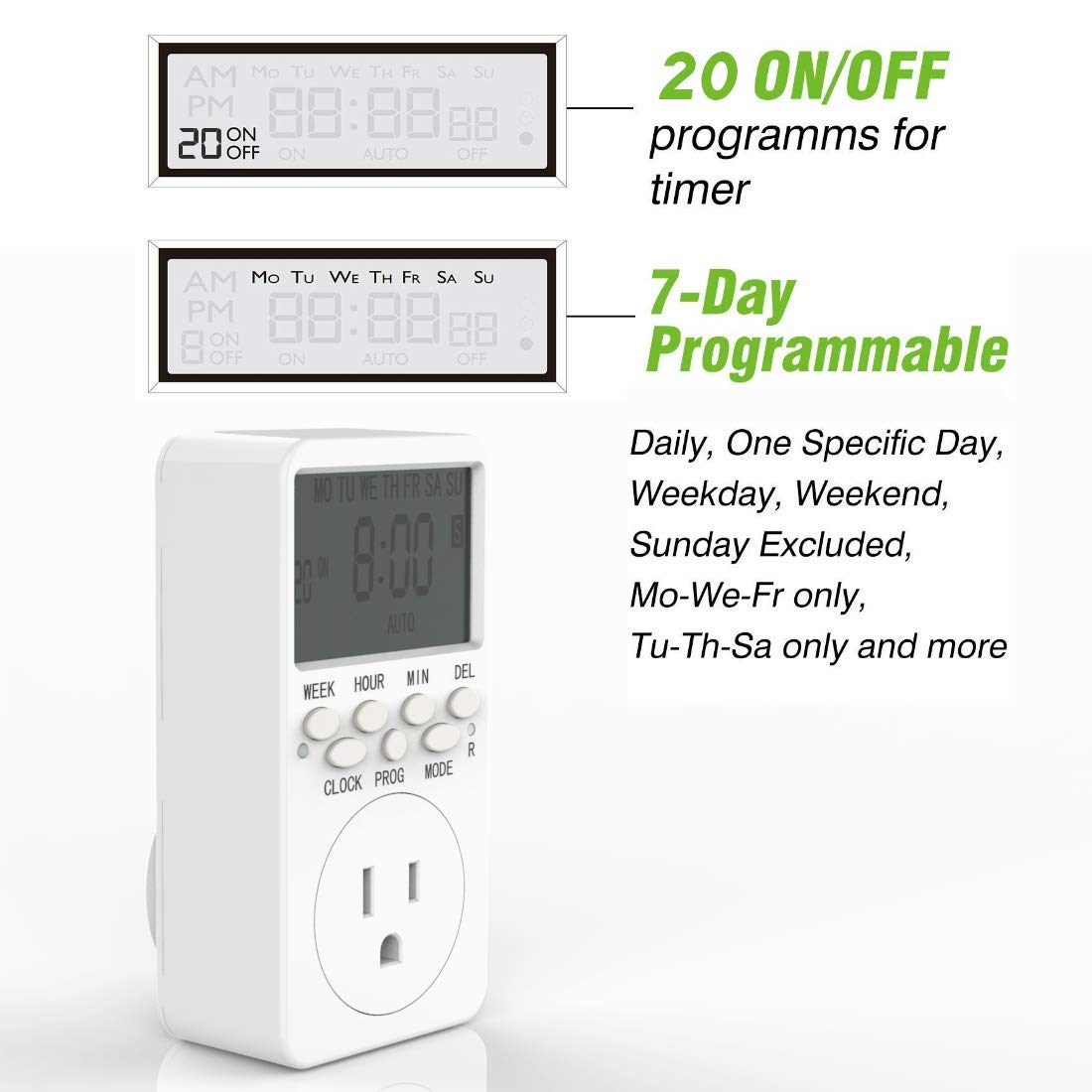 Generic Outlet Timer, Digital Countdown Plug-in Timer Outlet, 7 Day Weekly Programmable 110V AC Power Outlet Timer, Energy-Saving Indoo