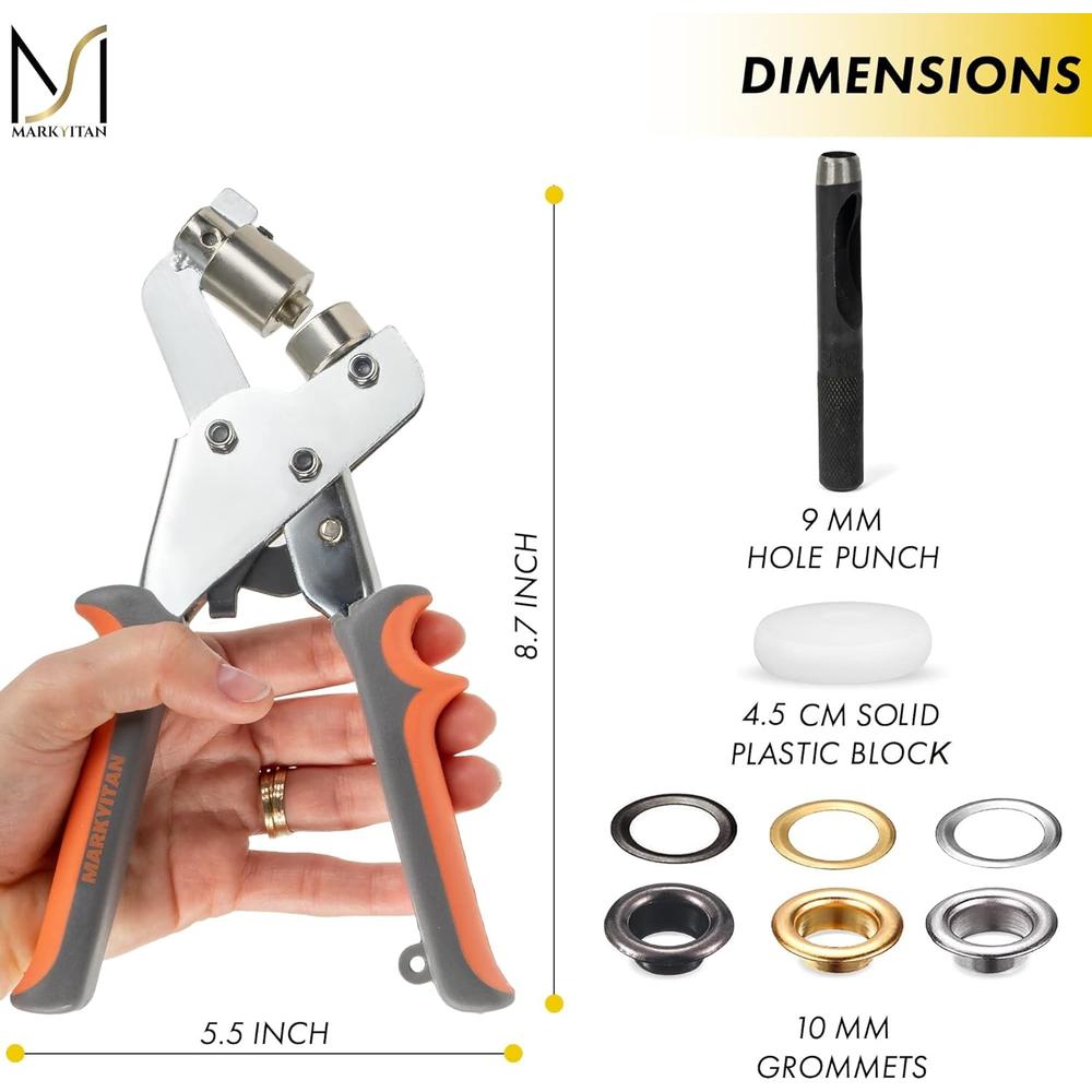 MARKYITAN 3/8 Inch (10mm) Professional Grommet Tool Kit - Including 1 x Grommet Press Plier, 90 x Grommets (Silver Gold Chrome), 1 x Hole