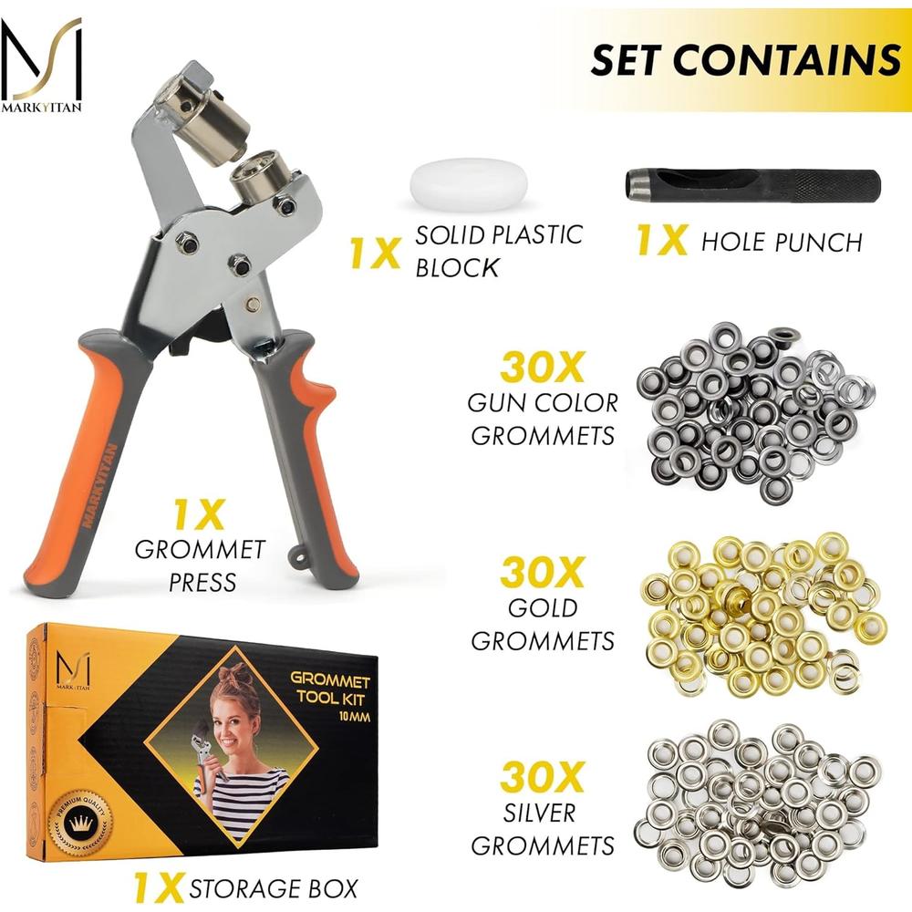 MARKYITAN 3/8 Inch (10mm) Professional Grommet Tool Kit - Including 1 x Grommet Press Plier, 90 x Grommets (Silver Gold Chrome), 1 x Hole