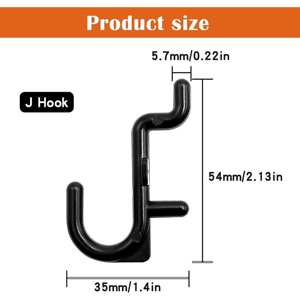 Tnuocke 50pcs J Shape Black Pegboard Hooks,Locking Peg Board Hooks, Black Peg Hook Accessories,Heavy Duty ABS Plastic for Peg Boards As
