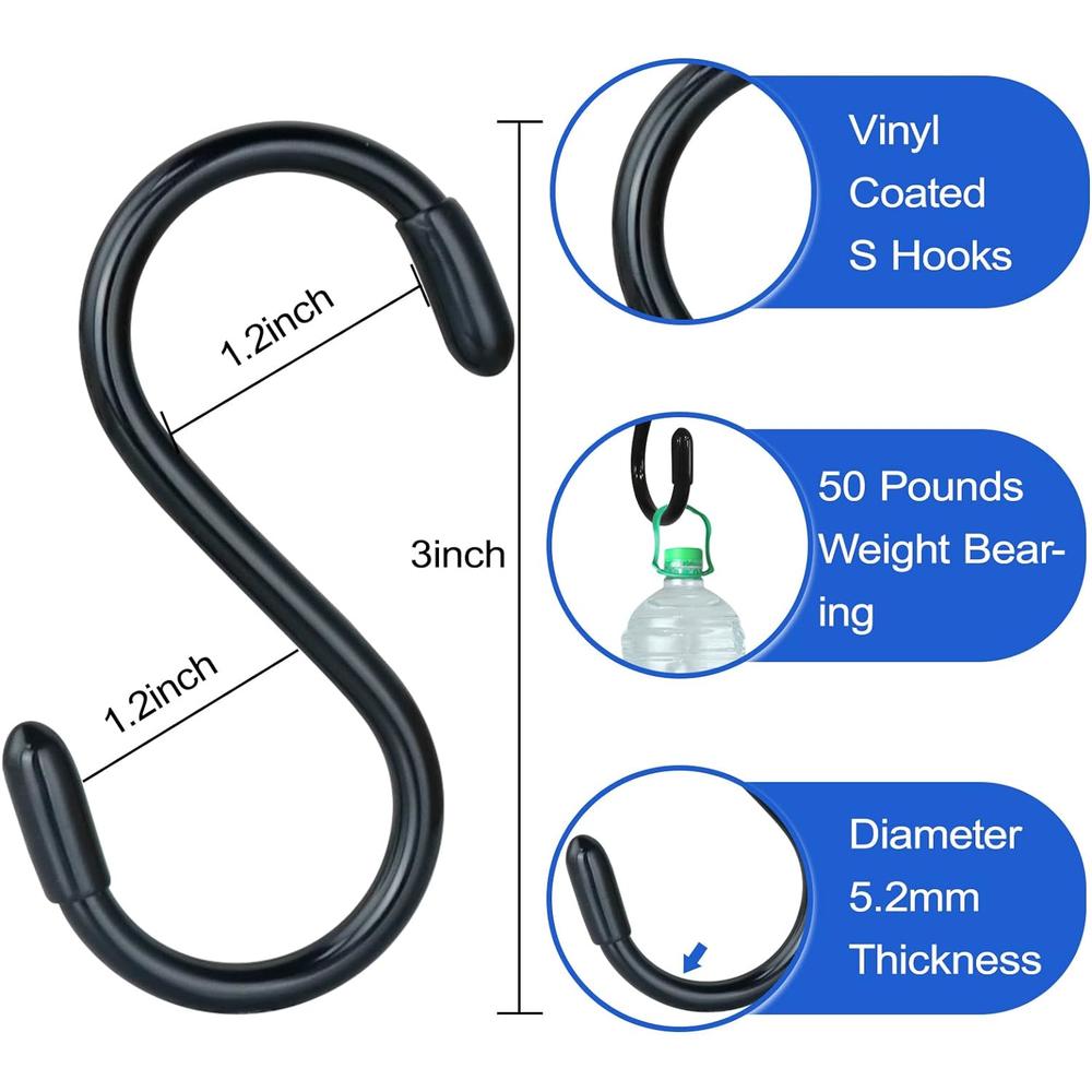 DINGEE 30 Pack Vinyl Coated S Hooks for Hanging, 3 Inch Heavy Duty S Hooks for Hanging Plants,Clothes,Non Slip Steel Metal Black Rubbe