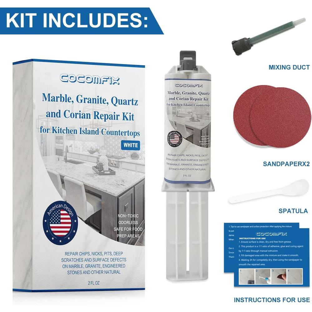 cocomfix Quartz Countertop Chip Repair Kit. Marble and Granite Repair Kit.(White) - Quickly Repair Countertop Chips and Cracks