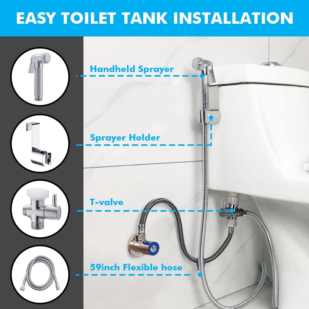 ULTGRT Bidet Sprayer Set for Toilet Hand held Sprayer with T-Valve, Hose and Holder - Easy to Install - Support Wall or Toilet Mount (