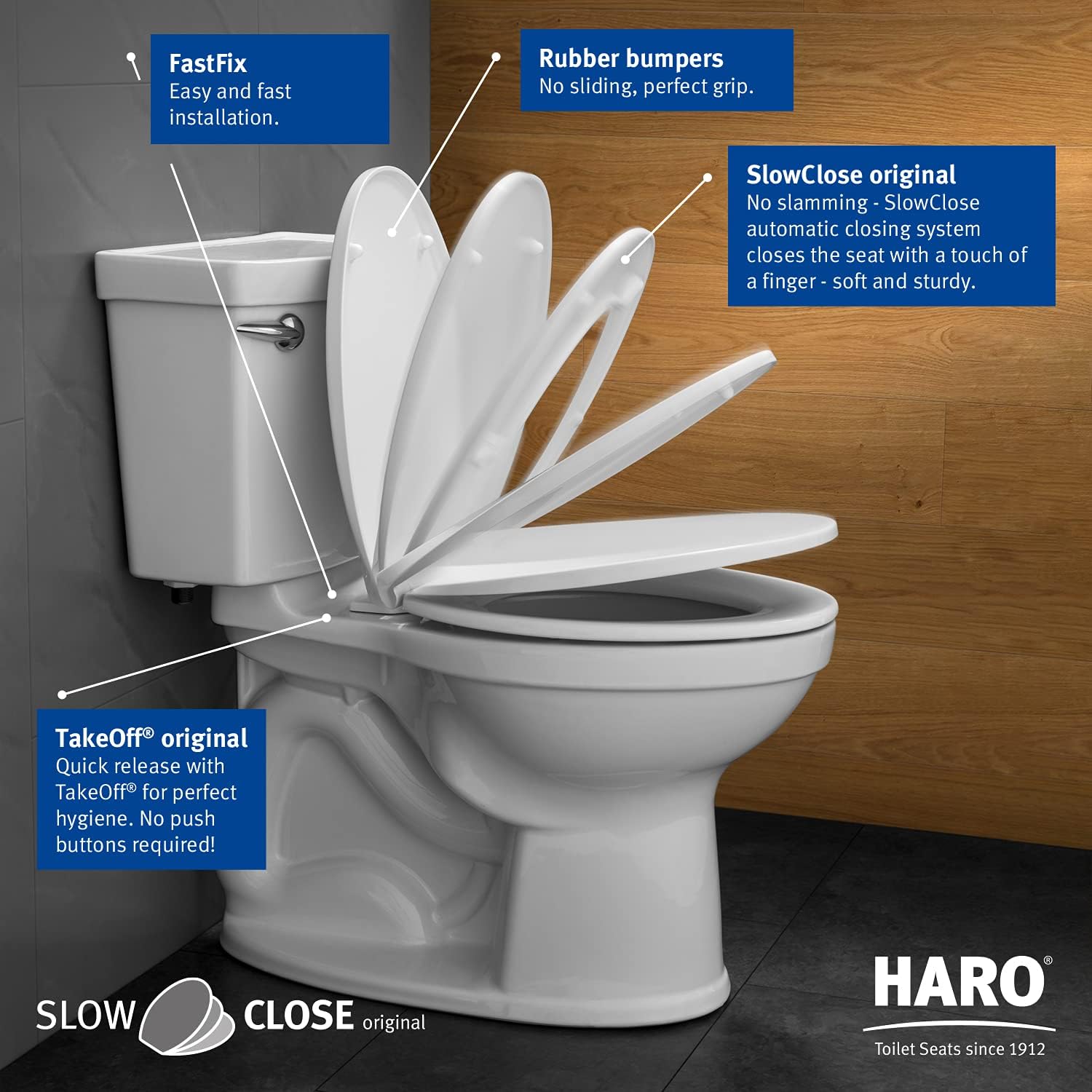 Haro | ELONGATED Toilet Seat | Slow-Close-Seat | Heavy-Duty up to 550 lbs, Quick-Release