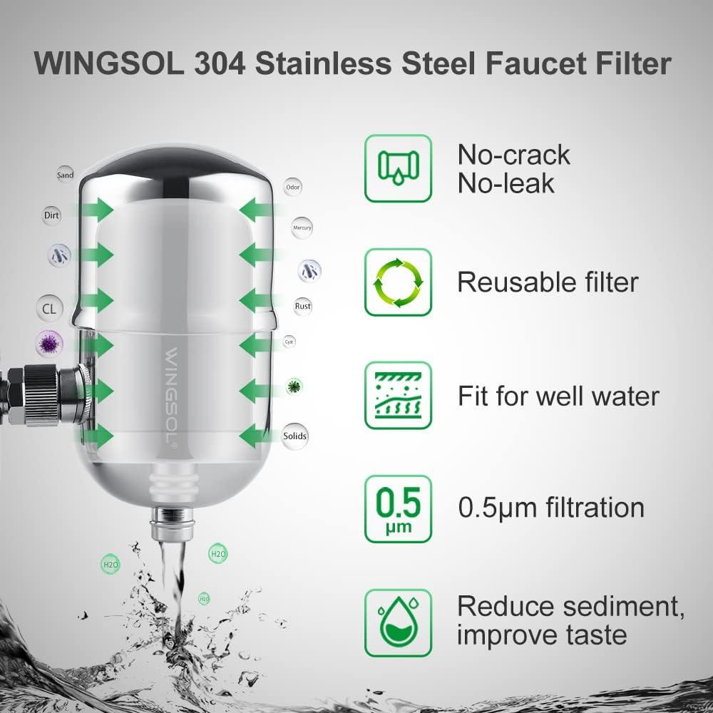 Wingsol Faucet Water Filter Stainless-Steel Reduce Chlorine Speedy Flow, Japan PAC Filter Improve Taste, Faucet Filters for Faucets-Fit