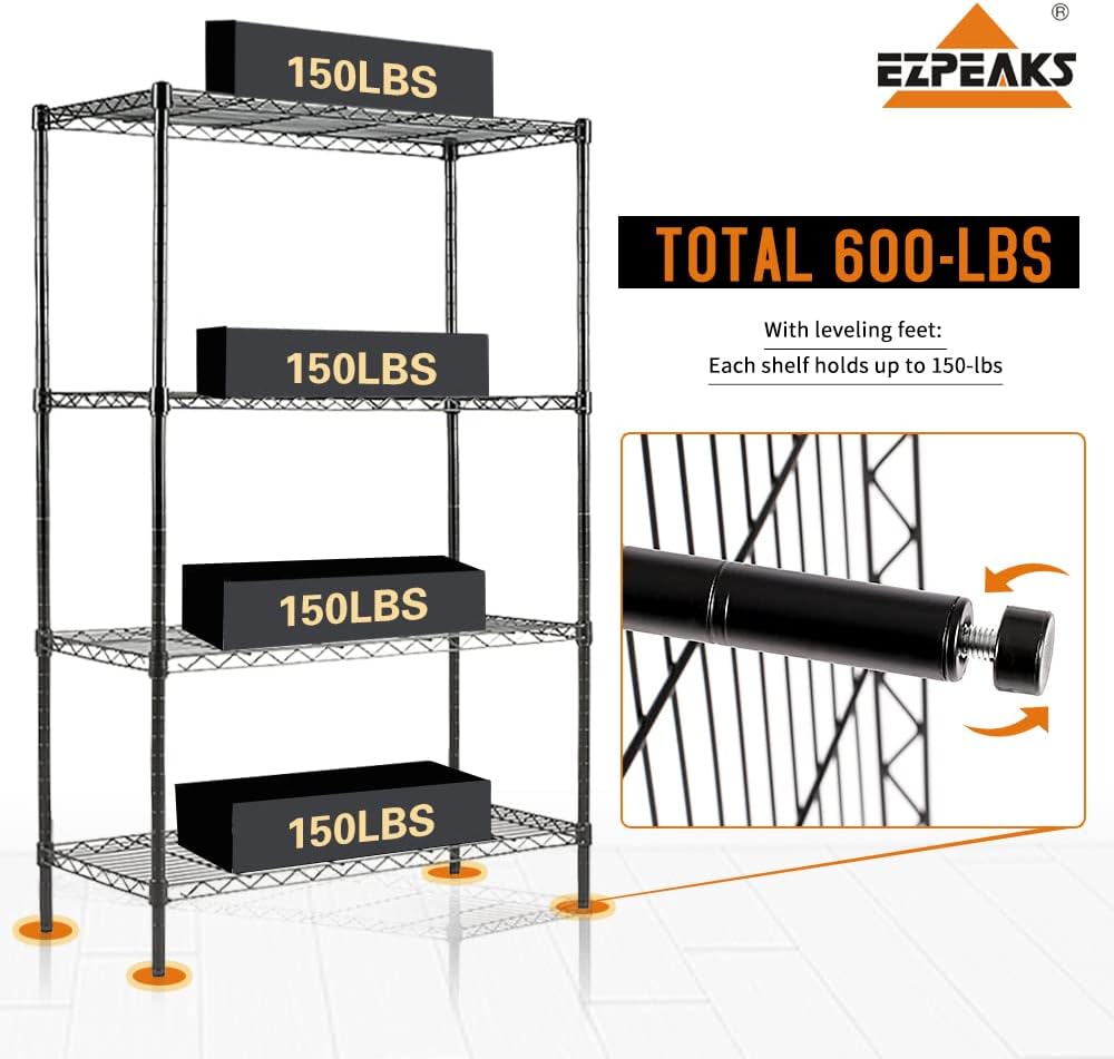 EZPEAKS 4-Shelf Shelving Unit with Shelf Liners Set of 4, Adjustable, Metal Wire Shelves, 150lbs Loading Capacity Per Shelf, Shelving U