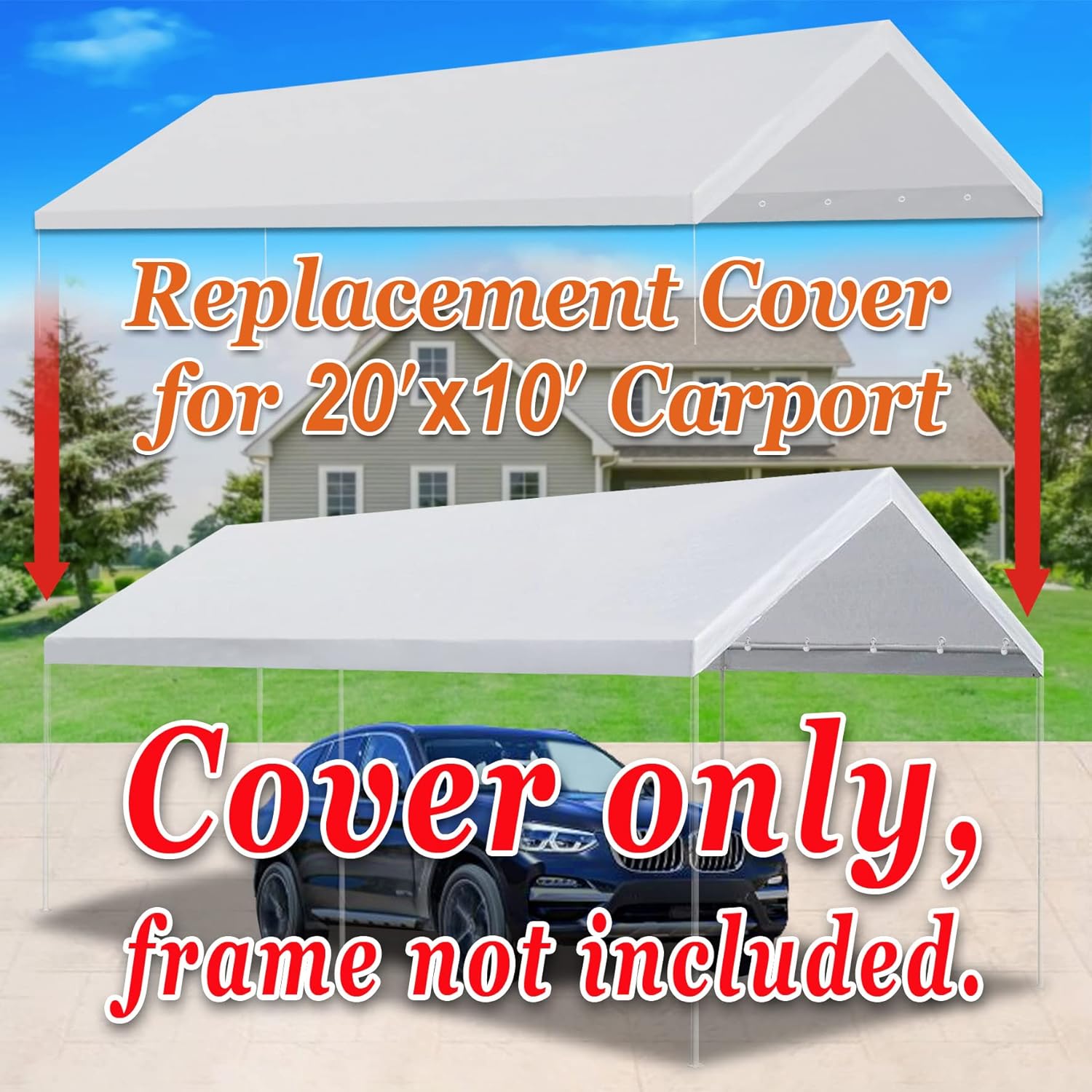 Sunrise Strong Camel 10 x 20 Carport Canopy Replacement Cover Valance Canopy Replacements Top with Ball Bungees White (Only Cover, Fram