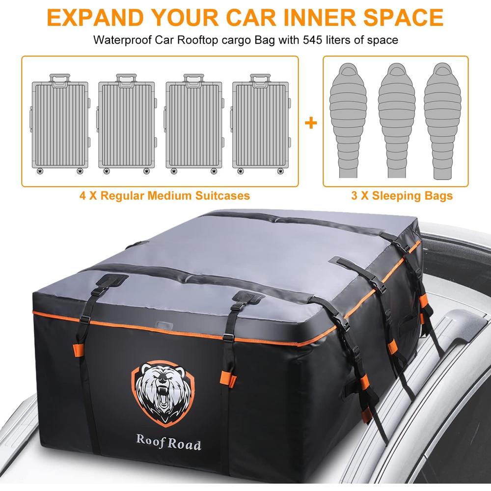 SUNER POWER Waterproof 19 Cubic Feet Rooftop Cargo Carrier PRO - Heavy Duty Roof Top Luggage Storage Bag with Anti-Slip Mat + 10 Reinforced