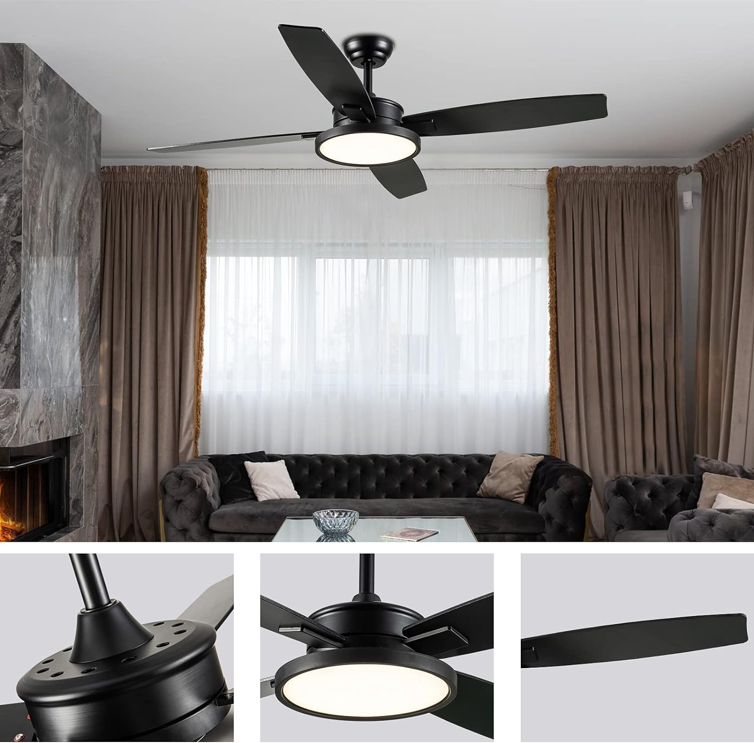 BRTLX 52'' Black Ceiling Fans with Lights, Indoor Outdoor Ceiling Fan with Remote Control, 4 Blades 3-Speed Noiseless Reversible Moto