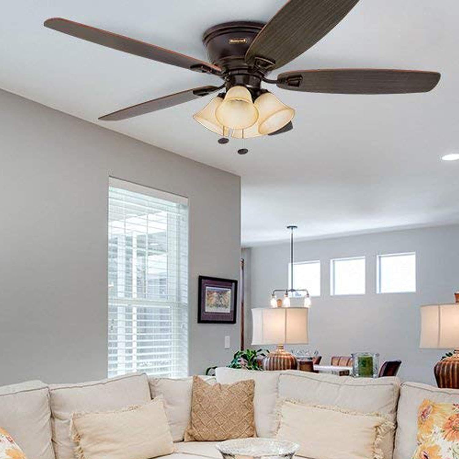 Honeywell Glen Alden - 52-in Contemporary Indoor Fan - Flush Mount Ceiling Fan with Pull Chain - Room Fan with No Light - Model 50183 (Oi