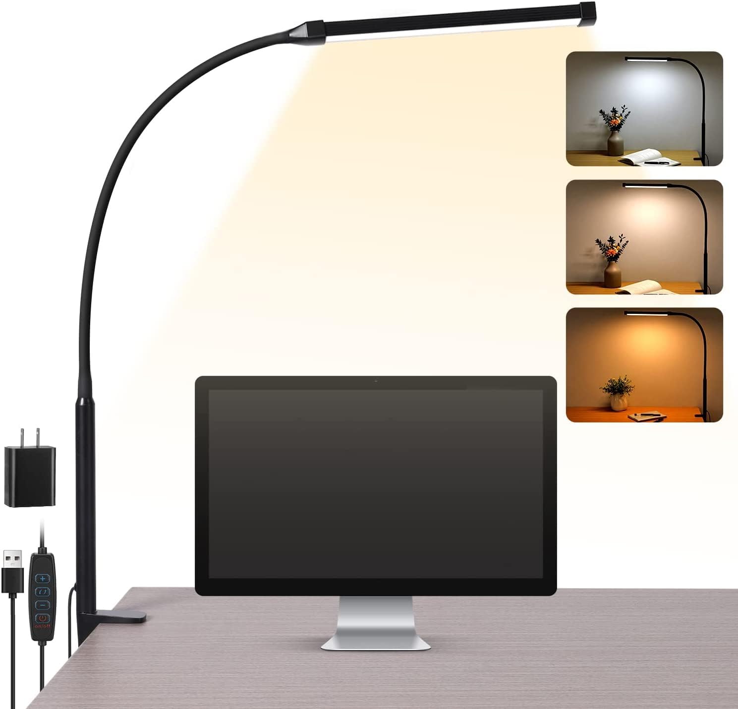 Voncerus LED Desk lamp with Clamp, Eye-Caring Clip on Lights for Home Office, 3 Modes 10 Brightness, Long Flexible Gooseneck,Metal, Swin