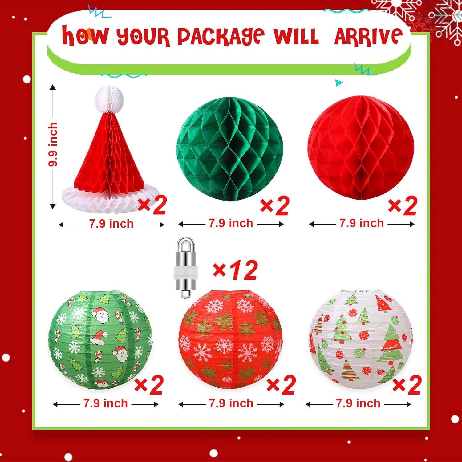 Mudder 12 Pieces Christmas Party Paper Lanterns with 12 LED Paper Lantern Light, Red Green White Paper Lanterns Honeycomb Balls Honeyc