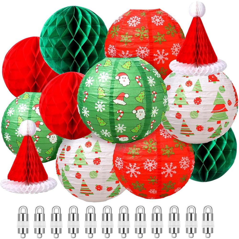 Mudder 12 Pieces Christmas Party Paper Lanterns with 12 LED Paper Lantern Light, Red Green White Paper Lanterns Honeycomb Balls Honeyc