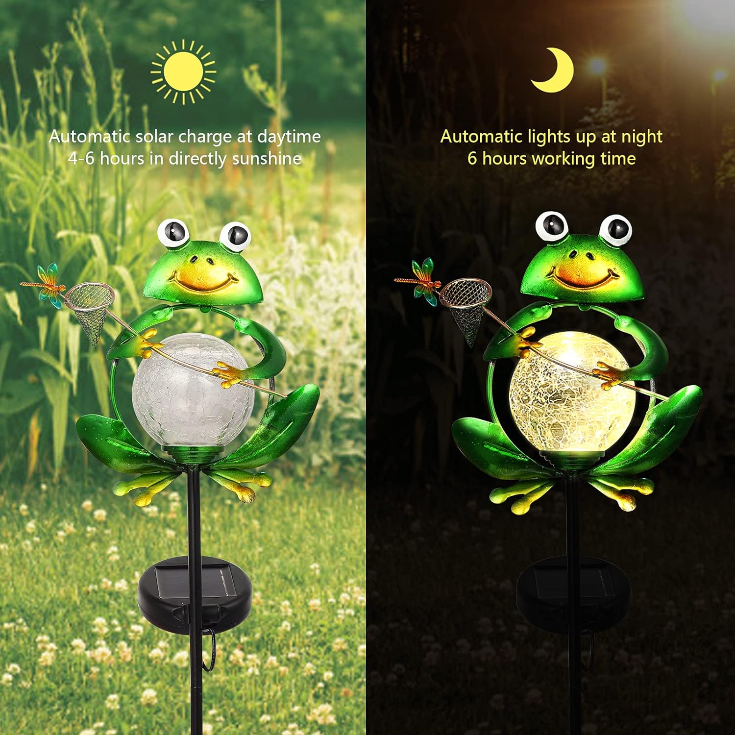 XIFEINIU Garden Solar Lights Outdoor Decorations, Waterproof Frog Crackle Glass Globe Metal Garden Stake Lights, Solar Powered Warm Whit