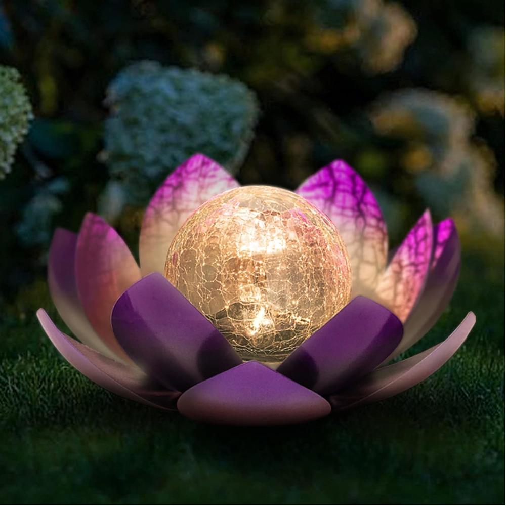 HUAXU Solar Lights Outdoor Garden Decor,Purple Lotus Solar Light,Waterproof LED Crackle Globe Glass Flower Light for Garden,Patio,Yar