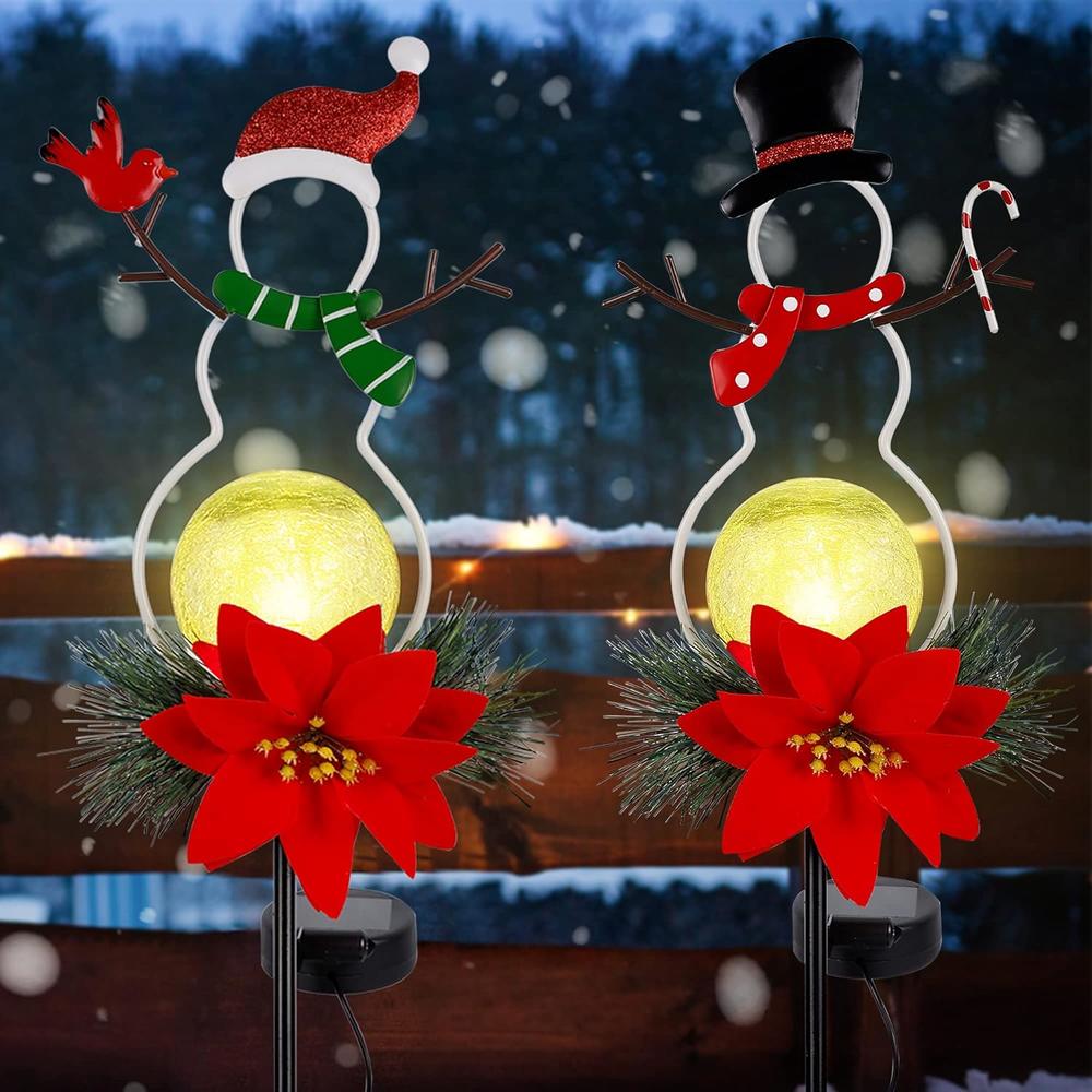 GUOOU Solar Christmas Yard Decorations, Outdoor LED Solar Powered Glass Ball Lights, Xmas Snowman Pathway Lights, Metal Solar Garden