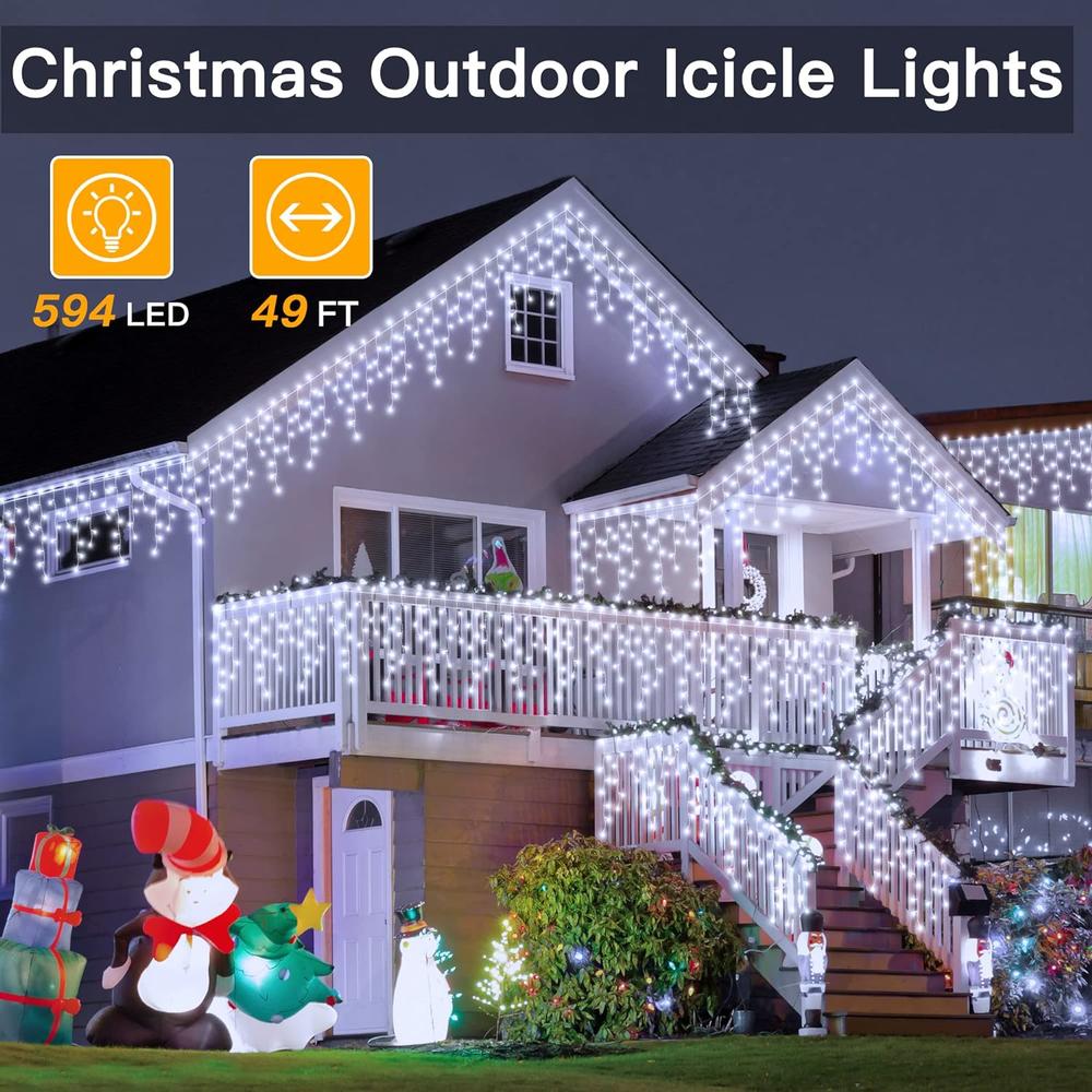 Ollny Icicle Christmas Lights Outdoor, Icicle Lights 594LED 49ft Connectable Hanging Fairy String Lights with 99 Drops, 8 Modes Remot